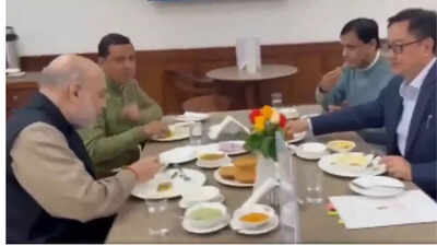 In between heated debates: Amit Shah takes lunch break with BJP MPs at Parliament canteen – video | India News